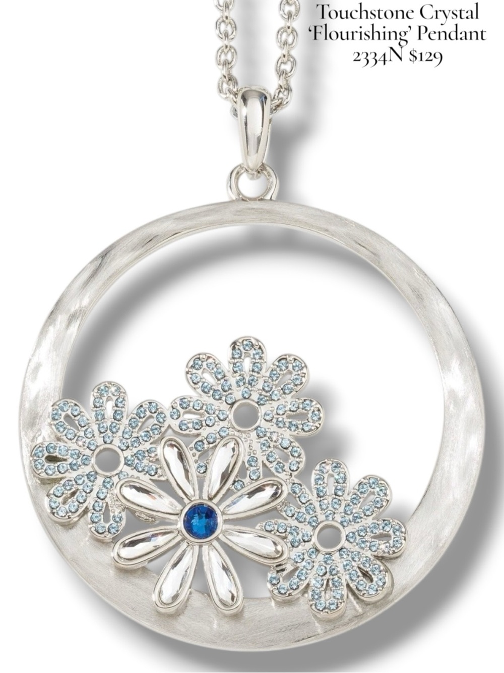 Touchstone Crystal Silver Floral Pendant Necklace with Blue Crystals